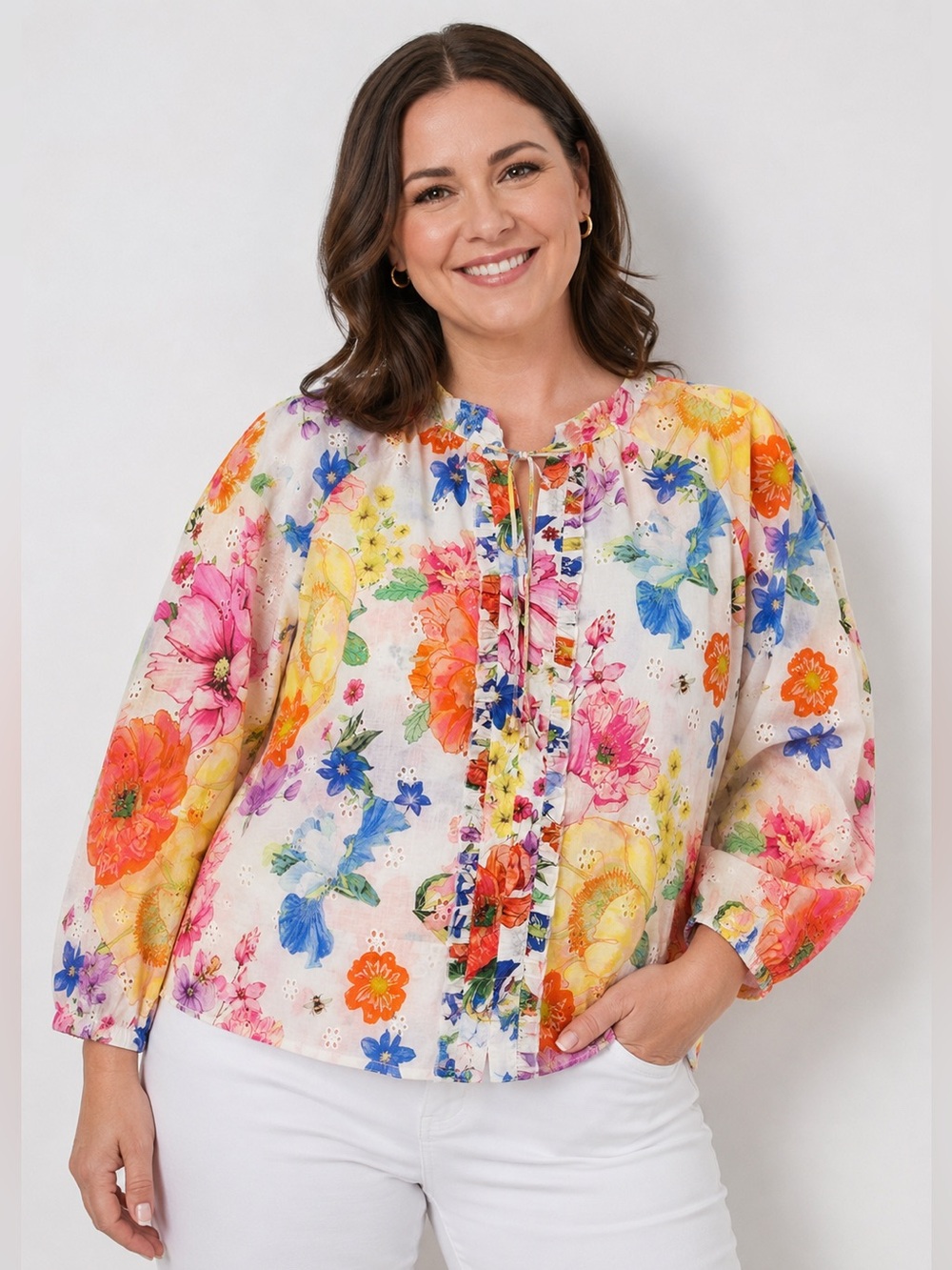 Princess Goes Hollywood white eyelet bright floral cotton Blouse Fits XL pretty
